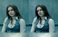 An example of deepfake technology: in a scene from Man of Steel, actress Amy Adams in the original (left) is modified to have the face of actor Nicolas Cage (right). (Credit: Wikipedia)