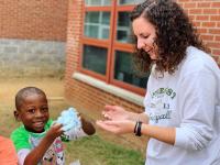 An Atlanta K-5 student joins a Georgia Tech LEO volunteer to learn about the science behind making slime (Photo: 2020)