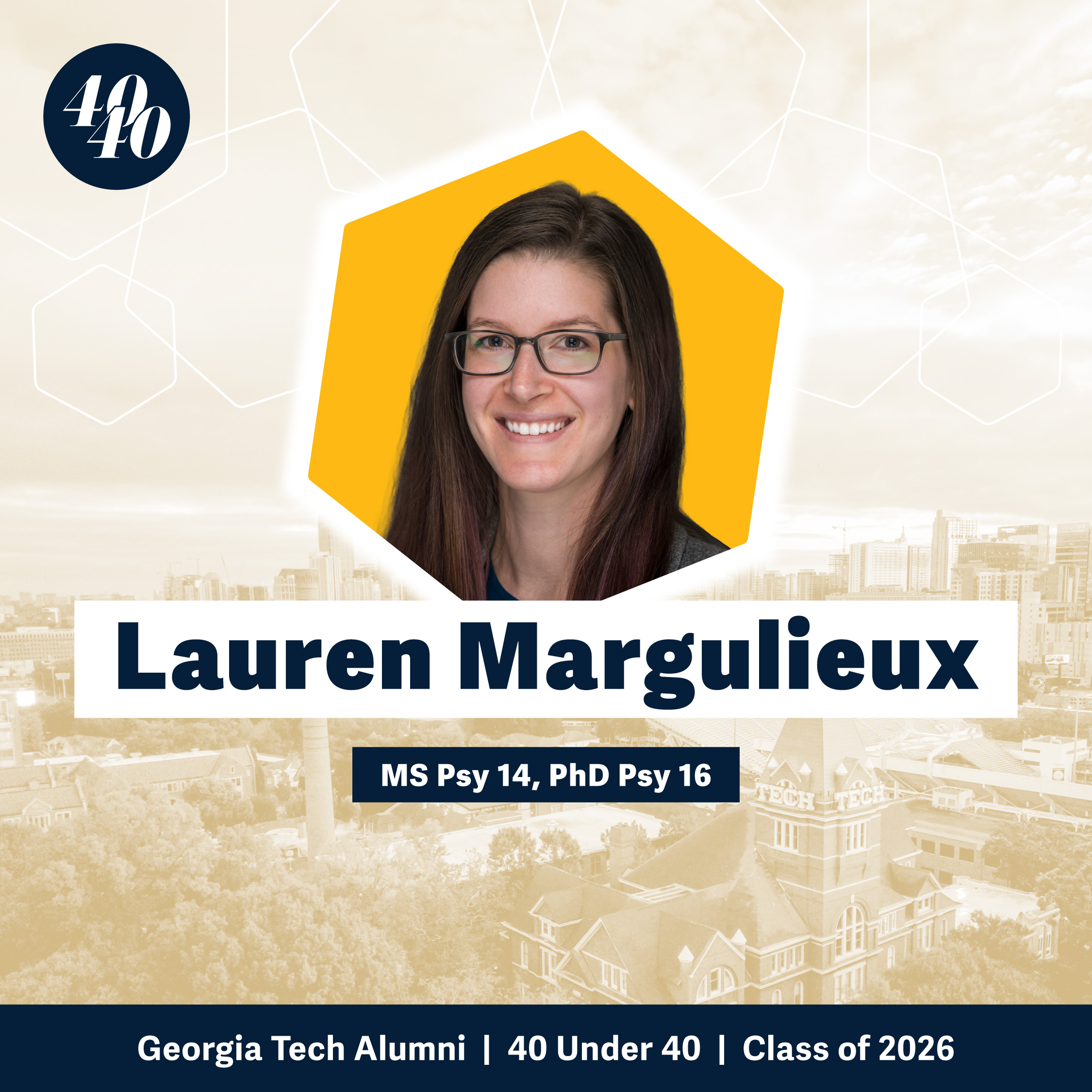 Headshot of Lauren Margulieux with a faded background showing Georgia Tech's campus