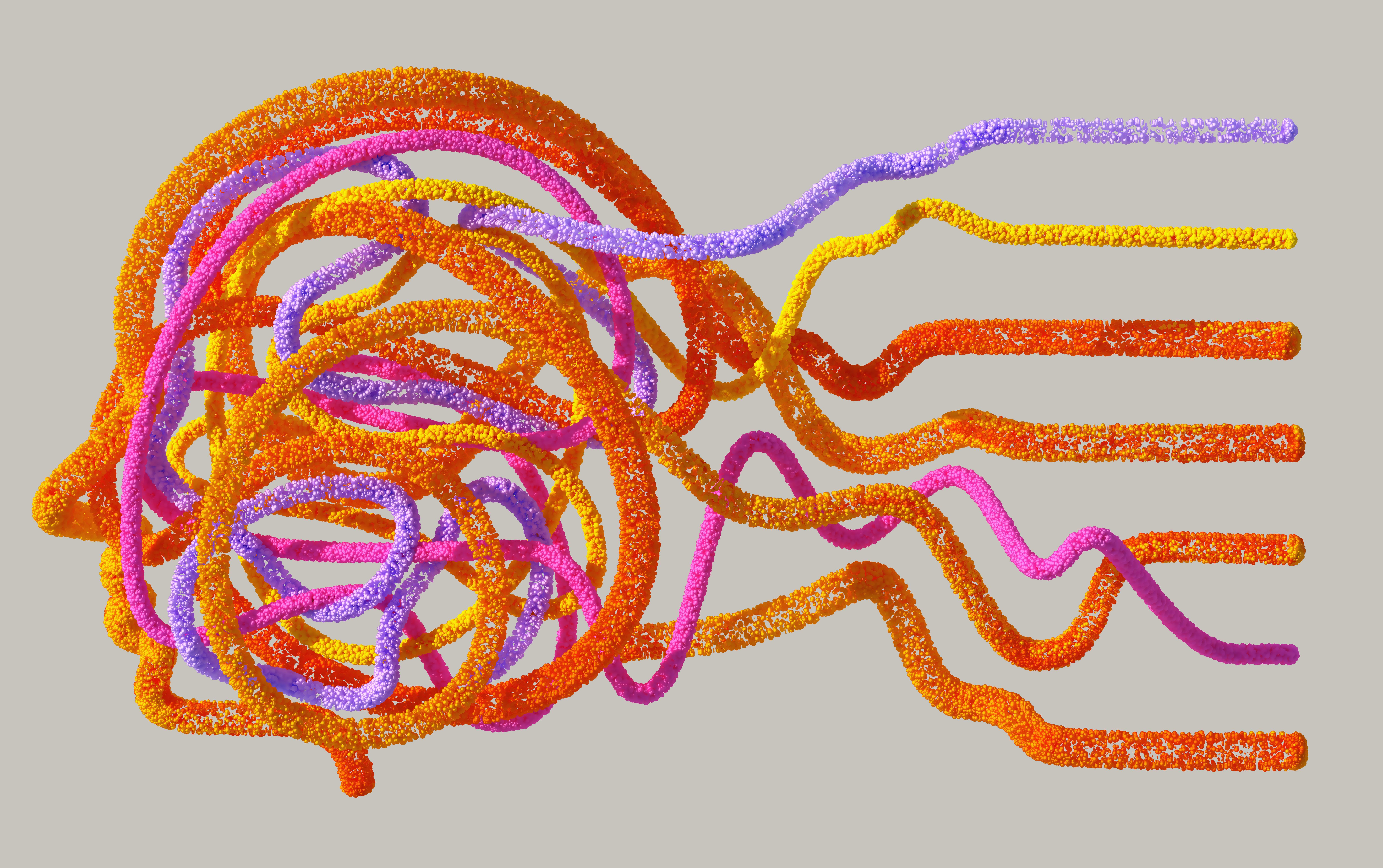 Alternative text for the image: Abstract illustration of tangled, looping strands in vibrant orange, yellow, pink, and purple, forming a dense cluster on the left and extending into separate, wavy horizontal lines toward the right against a light gray background.