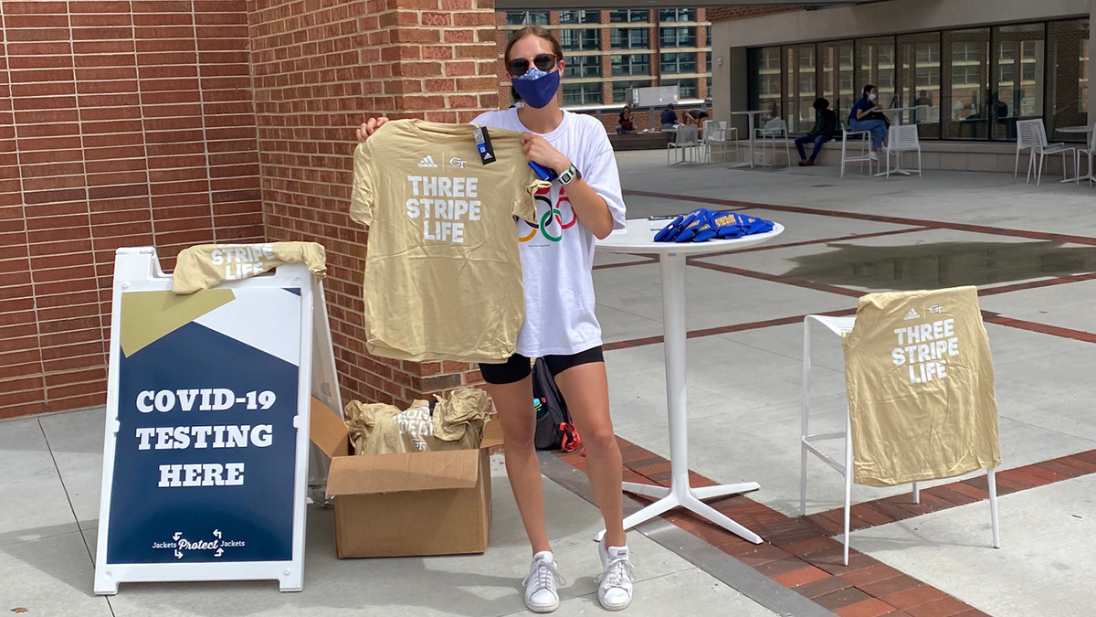 Free t-shirts and local restaurant giftcards are popping up at Tech's Covid-19 asymptomatic surveillance testing sites on campus, thanks to help from volunteers like Allison Vermaak, joint vice president of Sustainability & Infrastructure for Undergraduate SGA.