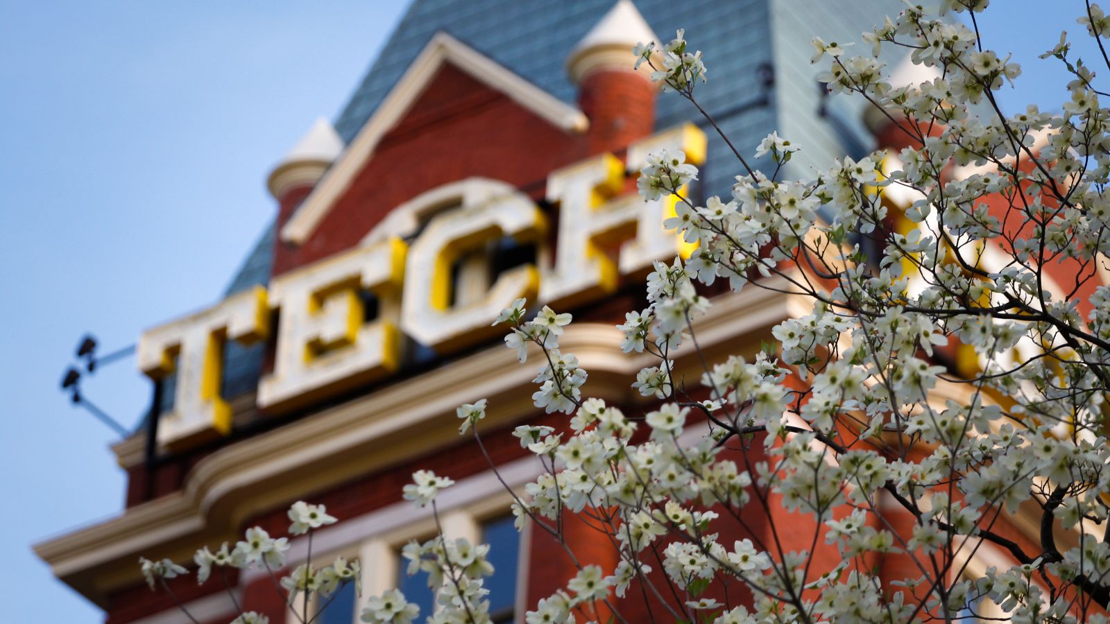 Close up shot of Tech Tower in the spring with blooming flowers