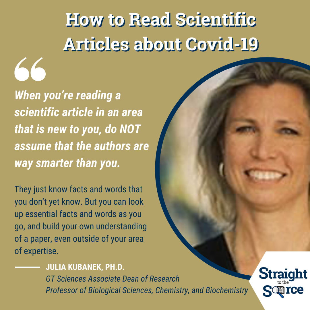 A photo of Julia Kubanek with advice on how to read scientific journal articles. The advice reads the following: 