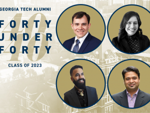 A logo for the Georgia Tech Alumni Association's 40 under 40 class of 2023, with headshots of the four College of Sciences alumni in the class.