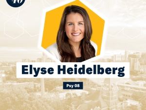 Elyse Heidelberg (PSY 2008) Headshot of Elyse Heidelberg with a faded background showing Georgia Tech's campus