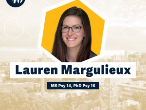 Lauren Margulieux (M.S. PSY 2014, Ph.D. PSY 2016) Headshot of Lauren Margulieux with a faded background showing Georgia Tech's campus