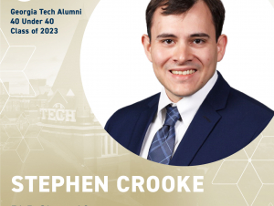 A headshot of Stephen Crooke with the 40 under 40 logo