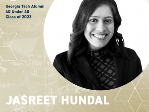Jasreet Hundal, M.S. BI ‘09 (Principal Project Lead / Senior Scientist at the McDonnell Genome Institute) A headshot of Jasreet and the 40 under 40 logo.