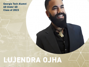 Lujendra Ojha, Ph.D. EAS ‘16 (Assistant Professor at Rutgers University) A headshot of Lujendra and the 40 under 40 logo.