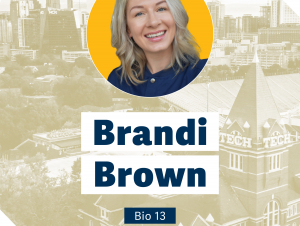 Headshot of blonde woman superimposed on Georgia Tech scene.