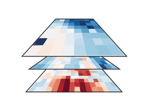 Three layered, abstract heat‑map style grids in shades of blue, red, and beige, stacked to resemble data layers or visualization panels.