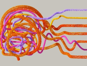 Alternative text for the image: Abstract illustration of tangled, looping strands in vibrant orange, yellow, pink, and purple, forming a dense cluster on the left and extending into separate, wavy horizontal lines toward the right against a light gray background.
