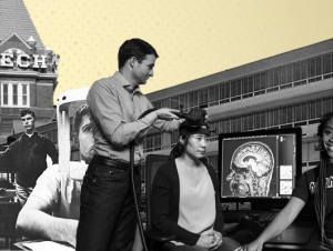 A black and white collage on a gold background.