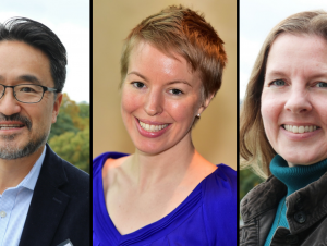 Three headshots of a man and two women