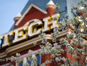 Close up shot of Tech Tower in the spring with blooming flowers