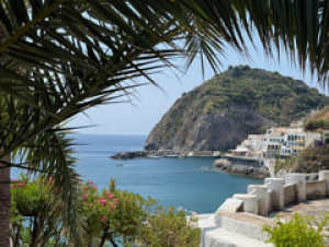 Beautiful view of blue water framed by green trees and stonework.